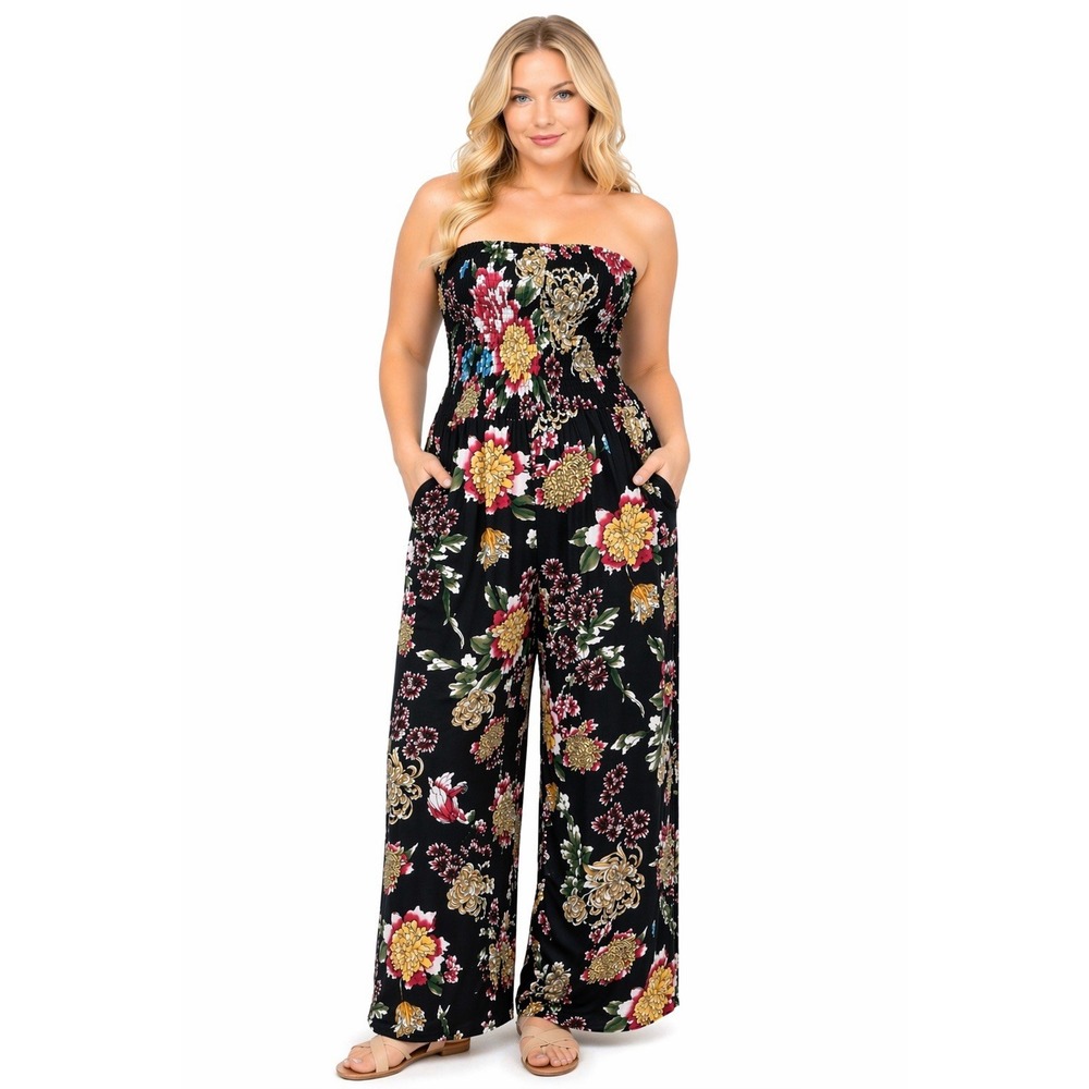 Mlle Gabrielle Floral Strapless Jumpsuit 3X Wide Leg Smocked Summer Resort Boho